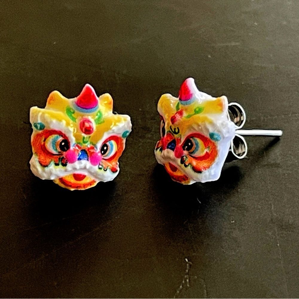 Dragon Dance Mask Earrings Colorful Chinese Lion lucky yellow stud cute gift